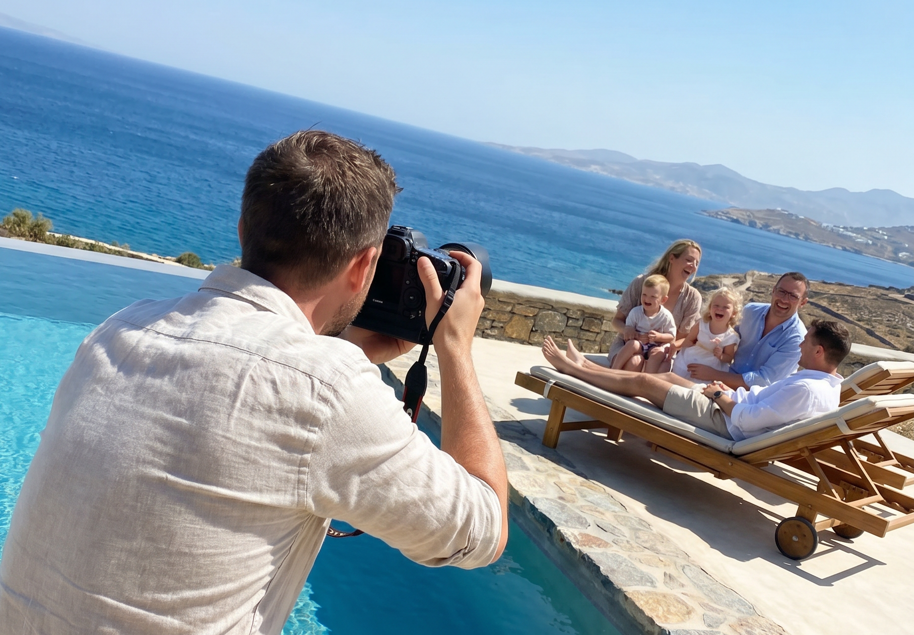 Photographer at a villa pool family shoot